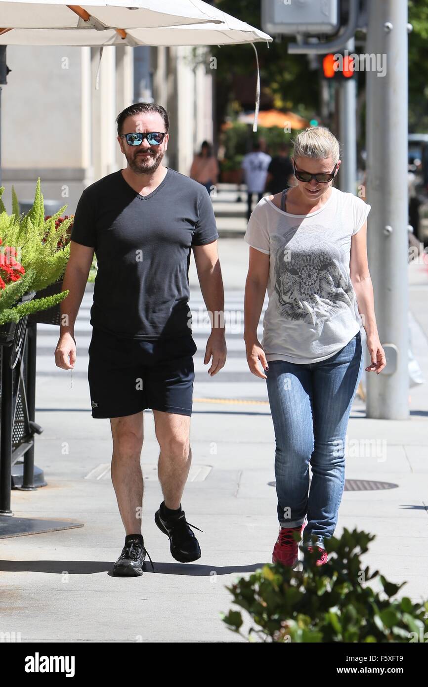 Ricky Gervais and wife Jane Fallon seen out and about Featuring: Ricky