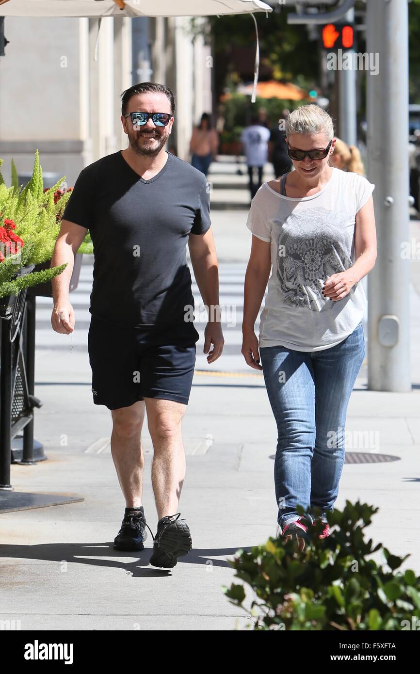 Ricky Gervais and wife Jane Fallon seen out and about Featuring: Ricky