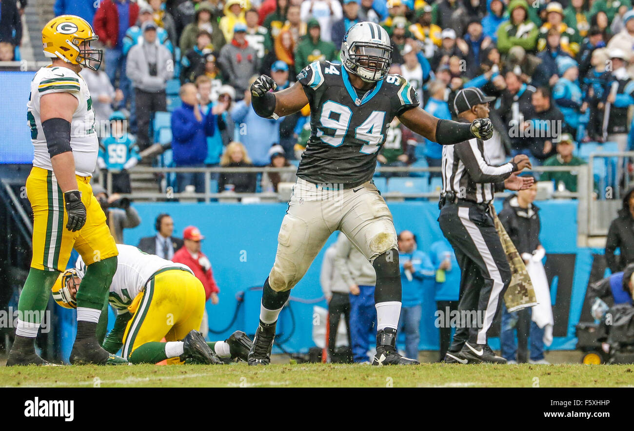 Charlotte, North Carolina, USA. 8th Nov, 2015. NC, Carolina Panthers defensive end Kony Ealy #94 celebrates a sack against the Green Bay Packers on November 8, 2015, at Bank of America in Charlotte, North Carolina. The Panthers defeated the Packers 37-29.Margaret Bowles/CSM/Alamy Live News Stock Photo