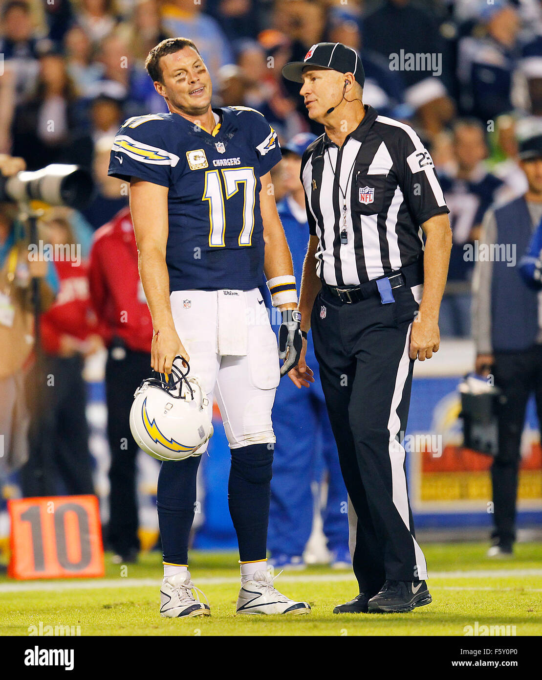 San Diego, CA, USA. 9th Nov, 2015. SAN DIEGO, CA -NOVEMBER 9, 2015 | Chargers Philip Rivers stands in disbelief after D.J. Fluker was called for illegally being downfield forcing an Antonio Gates touchdown to be called back in the 4th quarter. Rivers talks with linesman Marck Hittner. The San Diego Chargers took on the Chicago Bears at Qualcomm Stadium on Monday Night Football. (K.C. Alfred/ San Diego Union-Tribune Credit:  K.C. Alfred/U-T San Diego/ZUMA Wire/Alamy Live News Stock Photo
