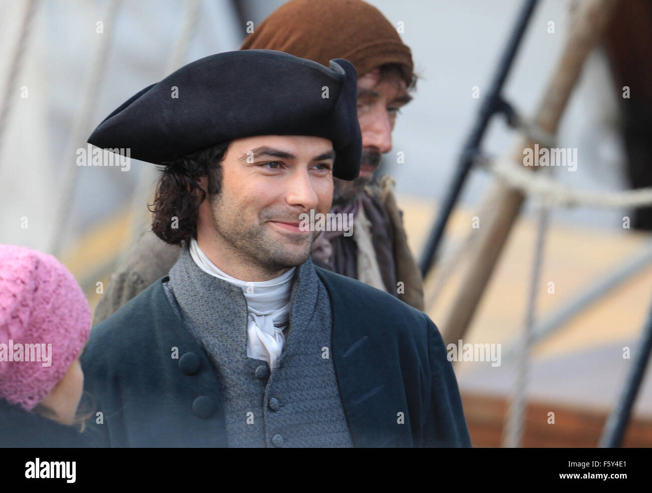 Aidan Turner who plays Poldark in the BBC drama boards a Ship in harbour.  Featuring: Aidan Turner Where: Penzance, United Kingdom When: 21 Sep 2015 Stock Photo