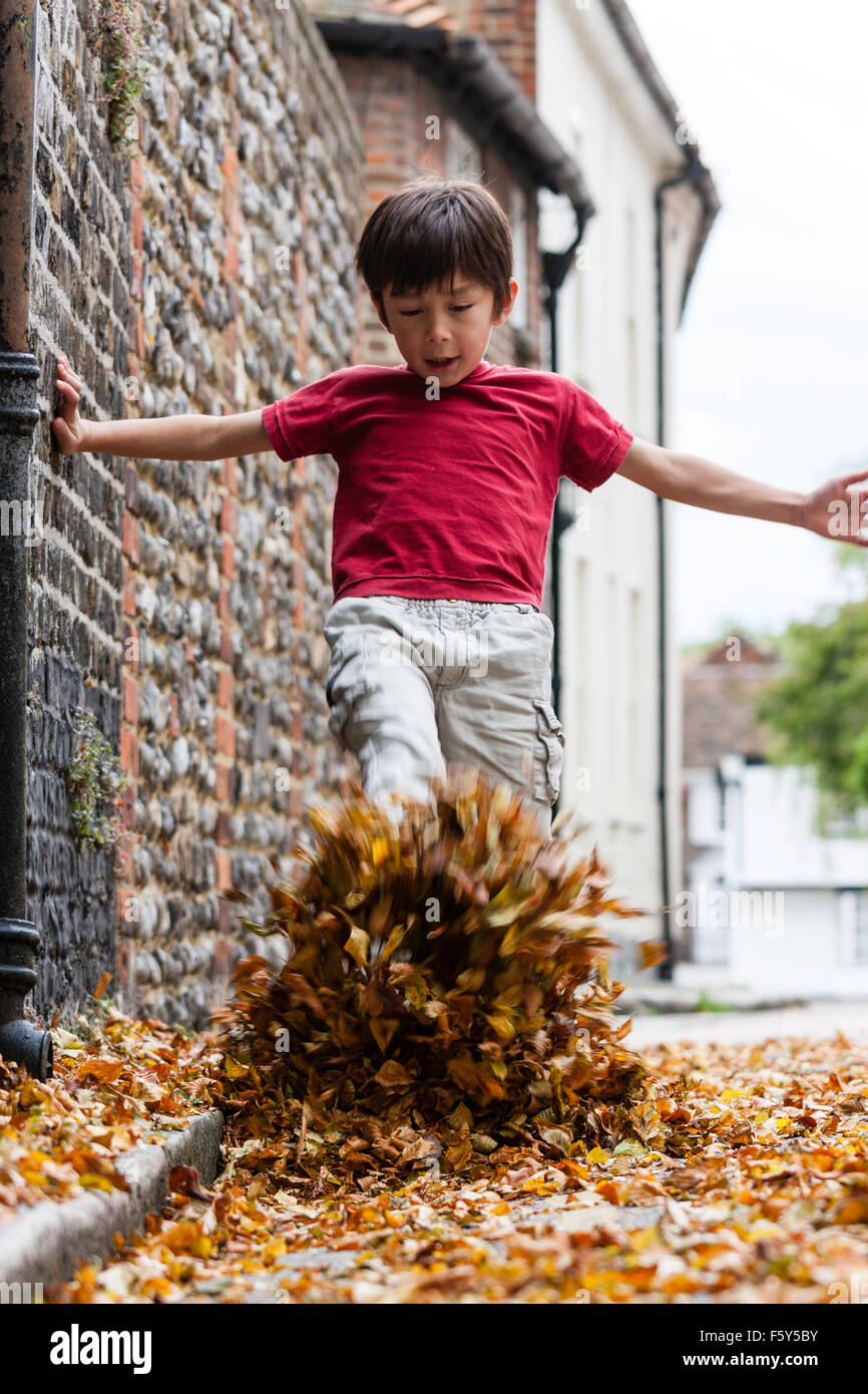 Caucasian child, 8 year old boy. Facing, walking towards viewer, through brown and golden leave covered lane, kicking leaves into air. Autumn Stock Photo