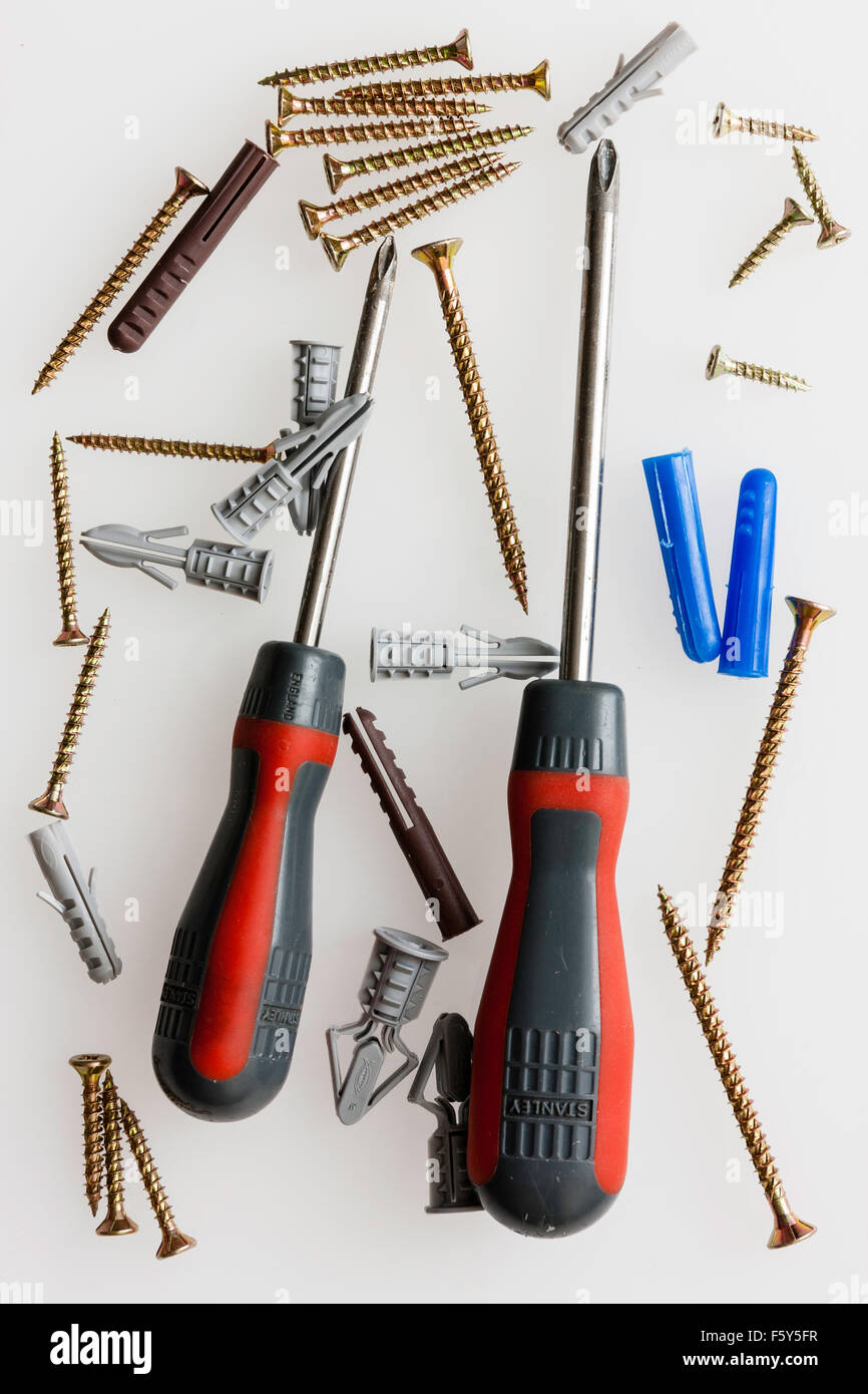 Gold coloured wood screws, various sizes, laying scattered on top of plain background, with various types of raw plugs and two screwdrivers. DIY Stock Photo