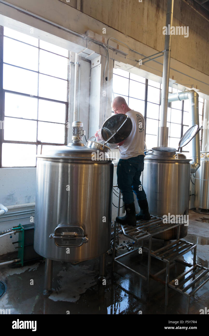 EUGENE, OR - NOVEMBER 4, 2015: Commercial brewery owner Brandon Woodruff mashing Exalted IPA at the startup craft brewery Mancav Stock Photo