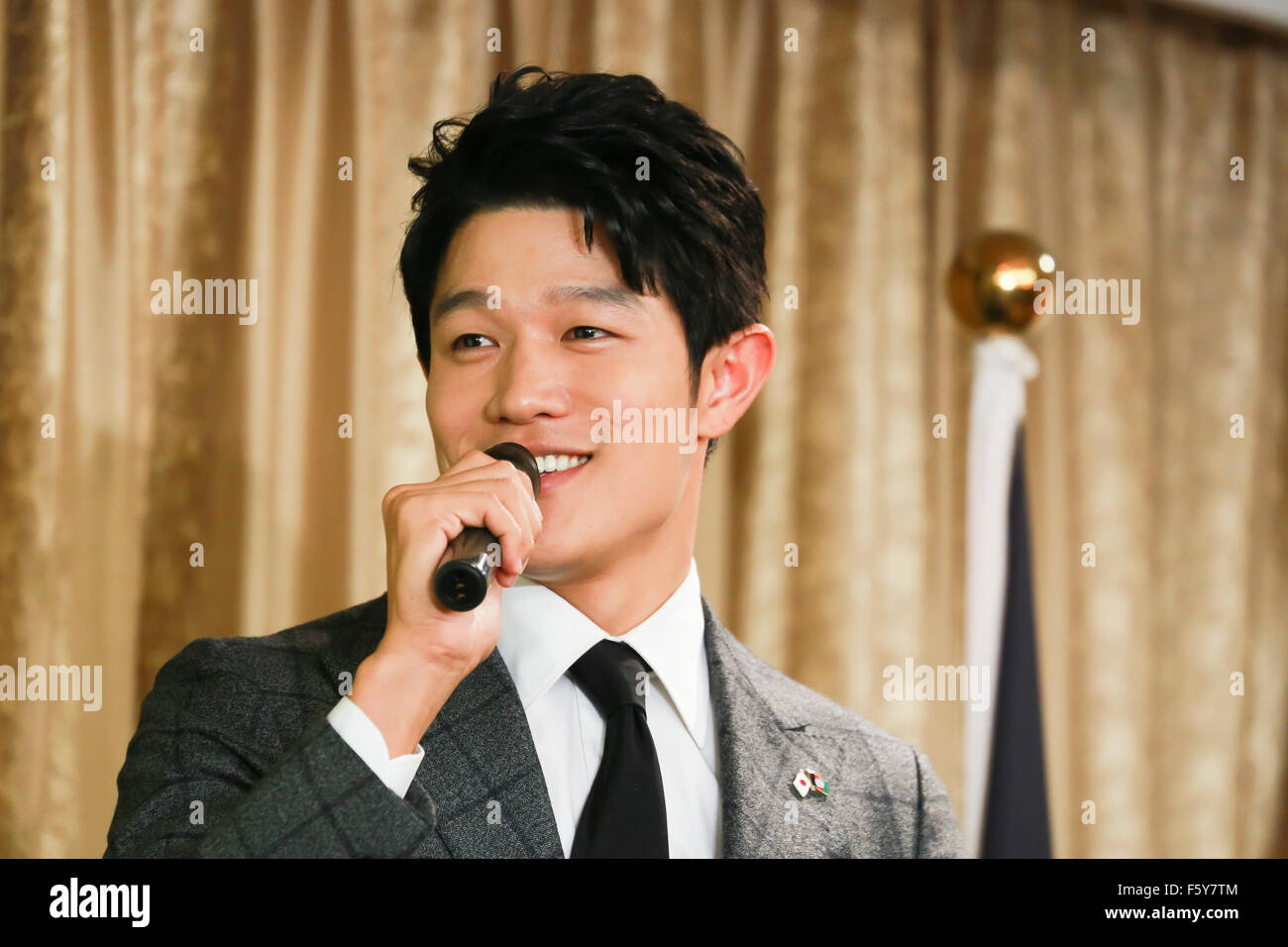 Actor Ryohei Suzuki speaks during a press event for the exhibition ...