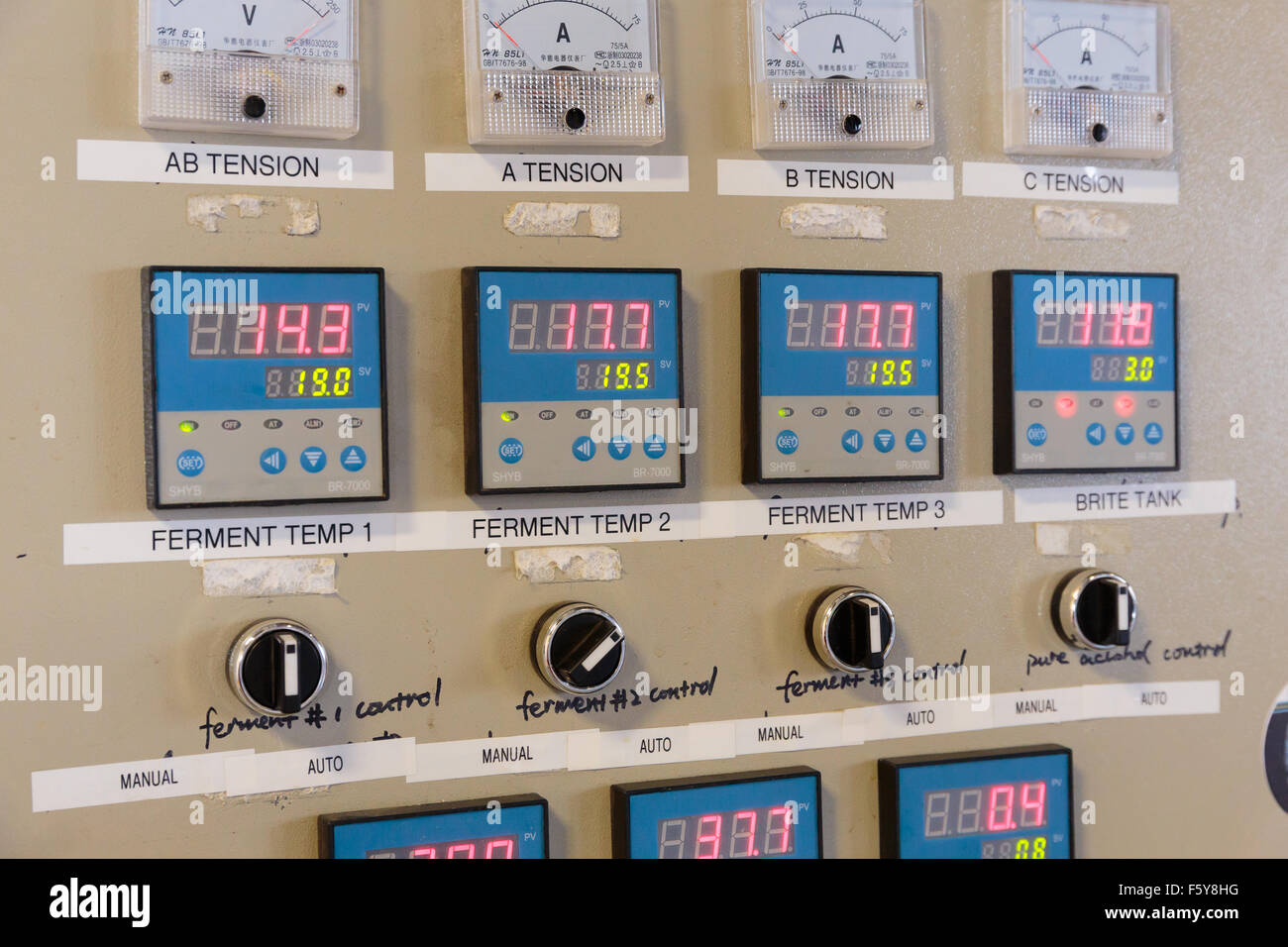 EUGENE, OR - NOVEMBER 4, 2015: Electrical control panel for temperature control of fermenters and mashing machines at the startu Stock Photo