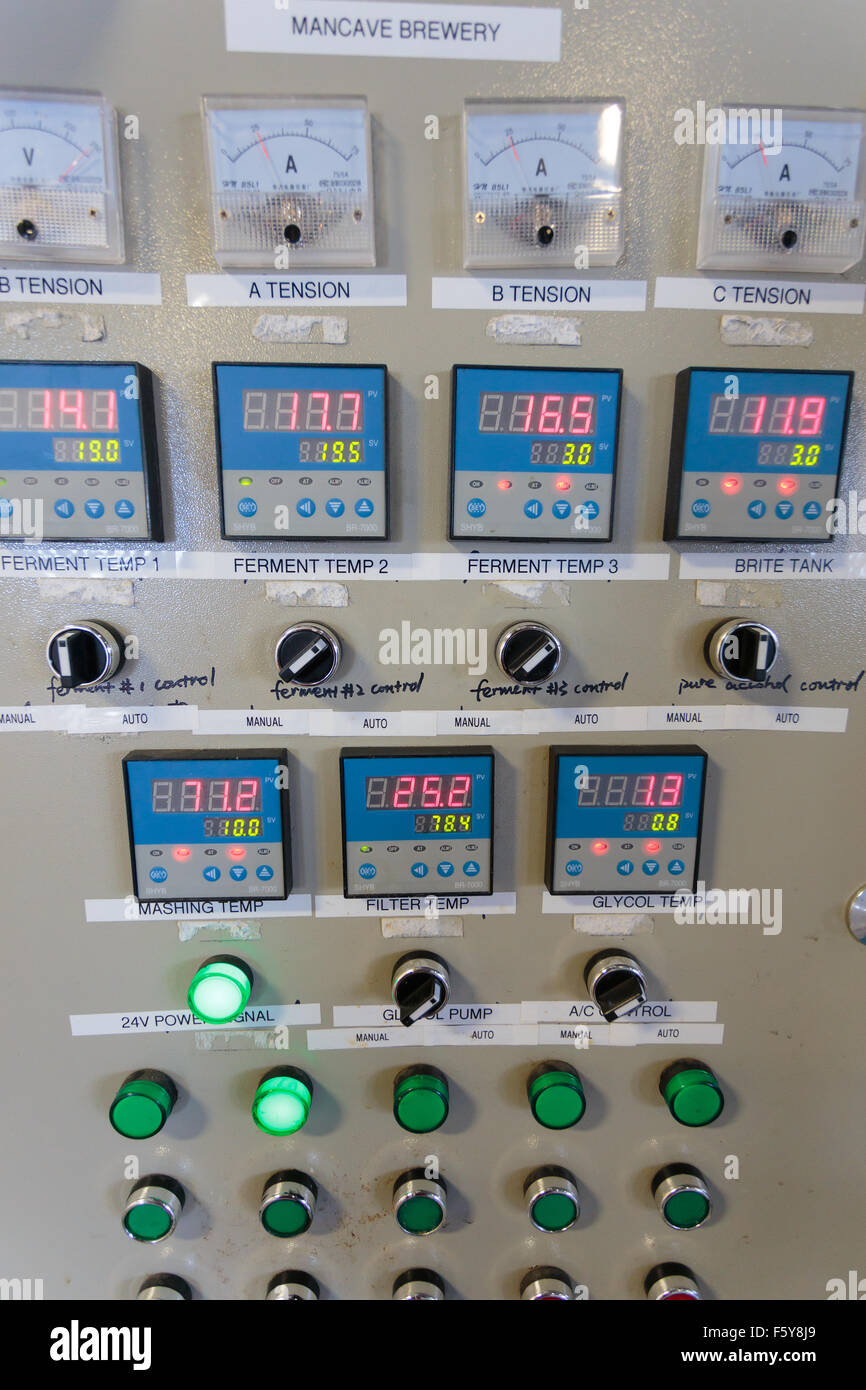 EUGENE, OR - NOVEMBER 4, 2015: Electrical control panel for temperature control of fermenters and mashing machines at the startu Stock Photo