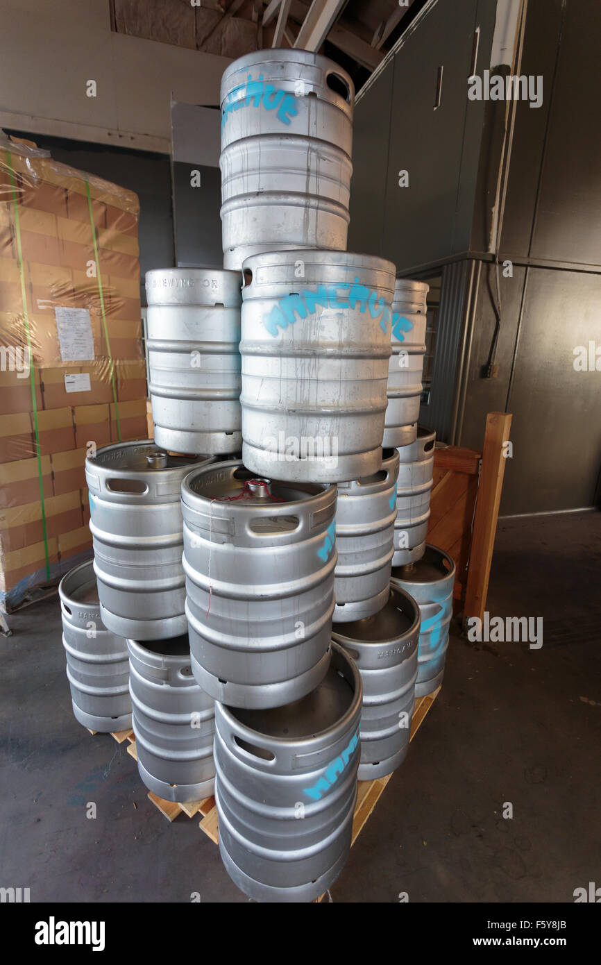 EUGENE, OR NOVEMBER 4, 2015 Stainless steel beer kegs stacked