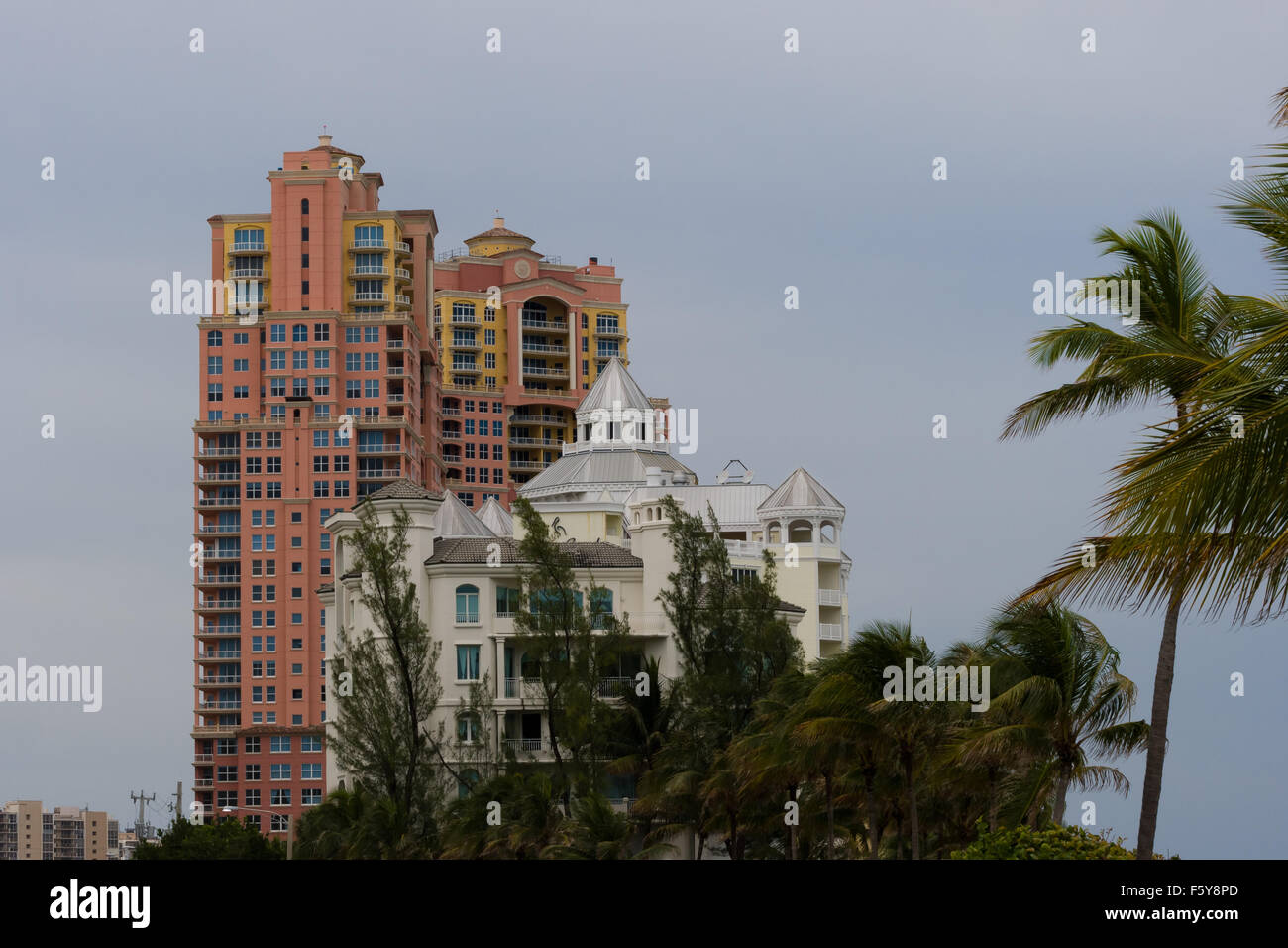 This view looking northward shows colorful hotel and condo buildings surrounded by trees at A1A in Ft Lauderdale Beach. Stock Photo