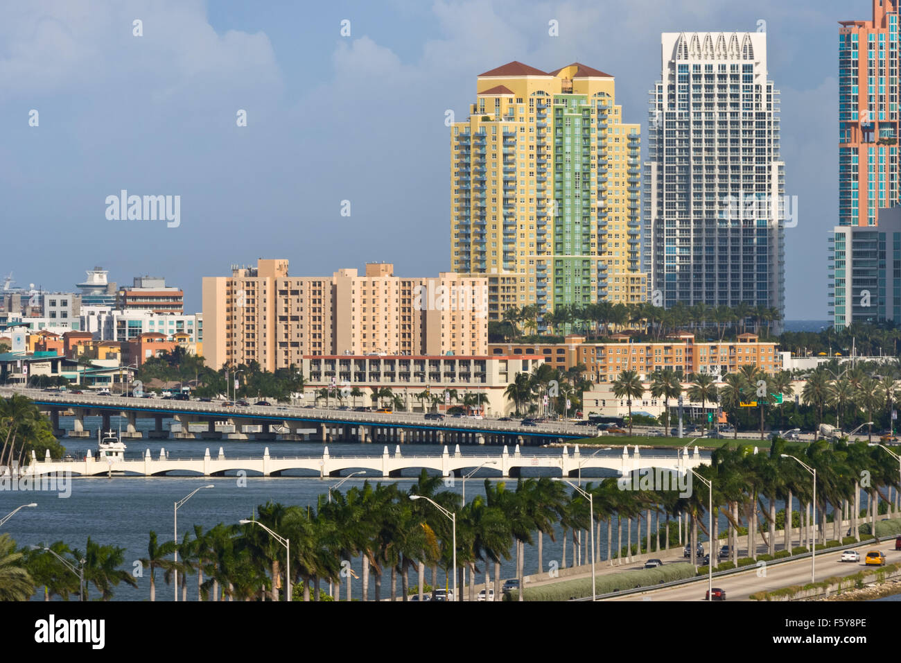 View of South Beach from the port of Miami with the different roads and bridges in the foreground. Stock Photo