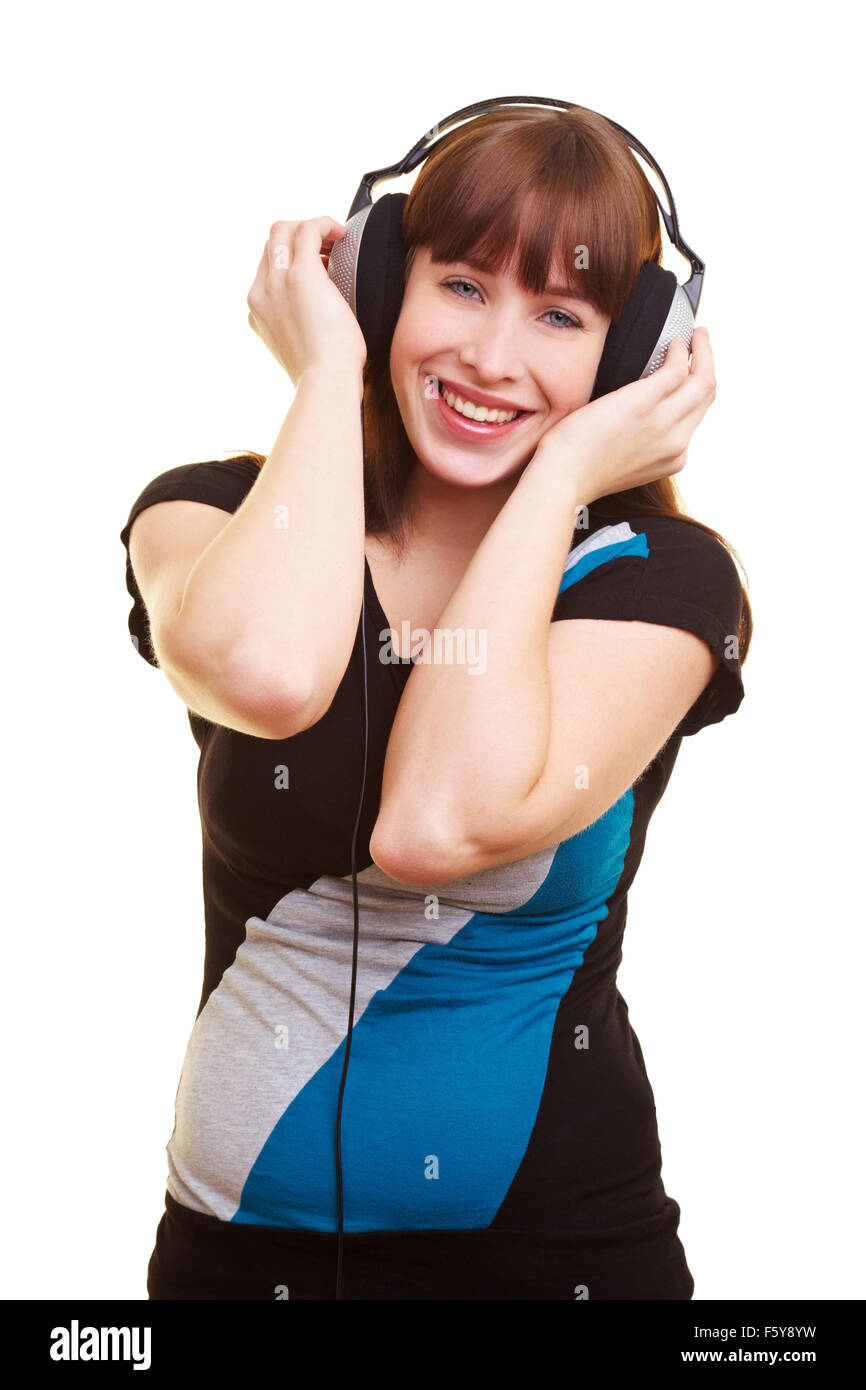 Young happy woman listening to music with headphones Stock Photo - Alamy
