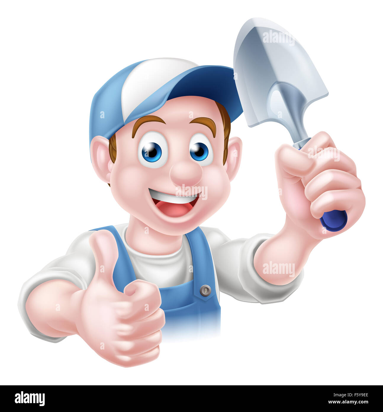 A cartoon gardener man in a cap hat and blue dungarees holding a garden trowel tool and giving a thumbs up Stock Photo