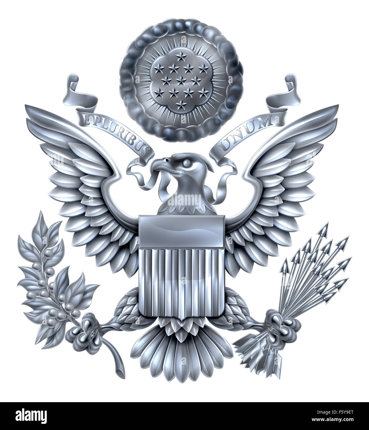 Silver Great Seal of the United States American eagle design with bald eagle holding an olive branch and arrows with American fl Stock Photo