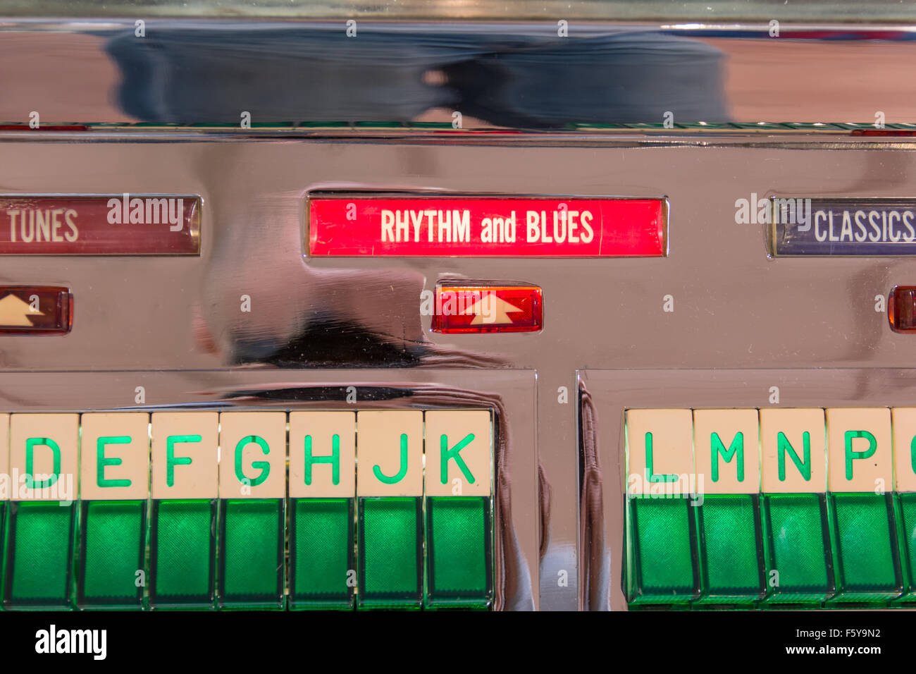 Old fashioned jukebox used to play records: rhythm and blues sign Stock Photo
