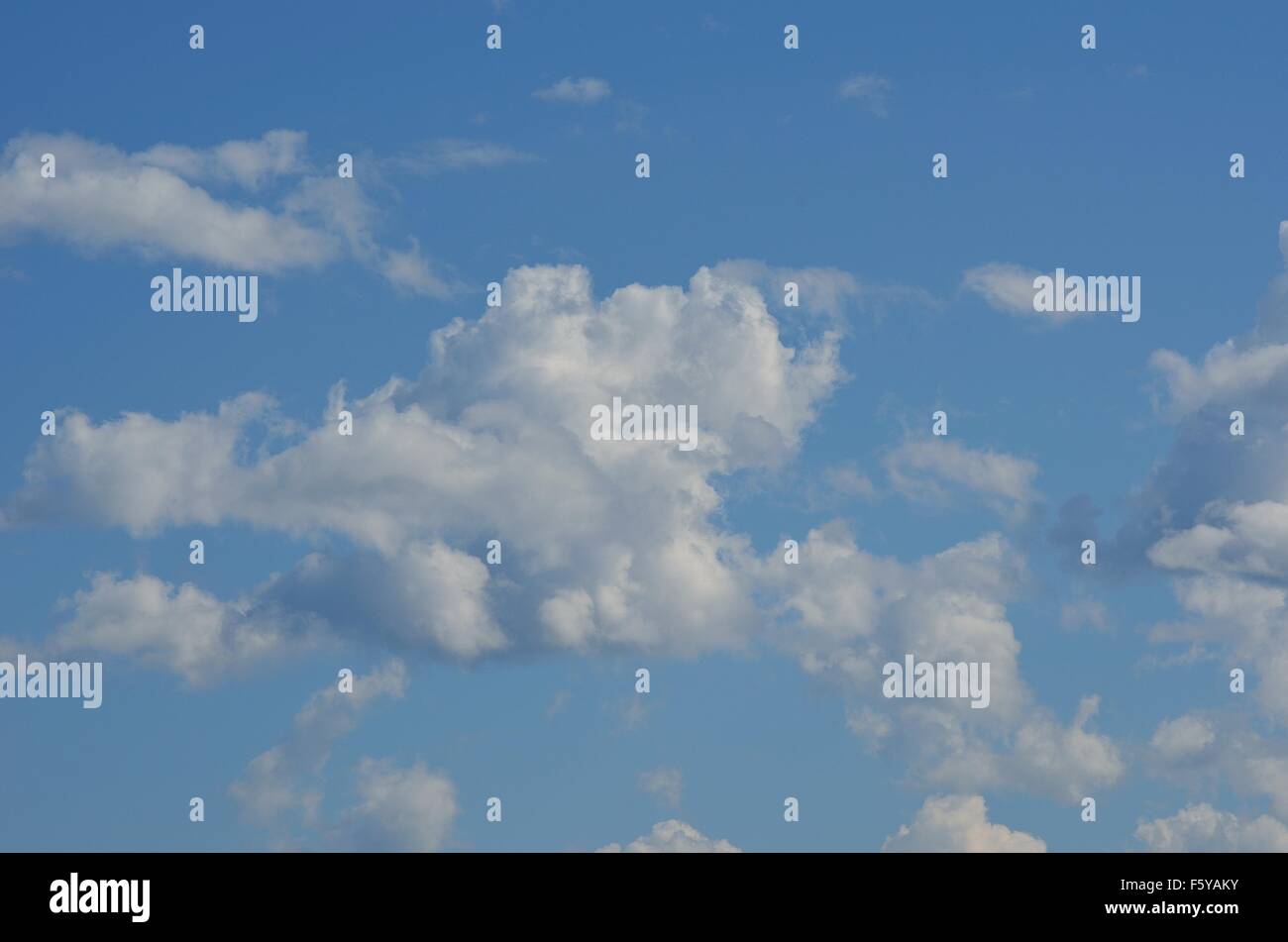 vibrant blue sky with fluffy white clouds in summer sunlight Stock ...
