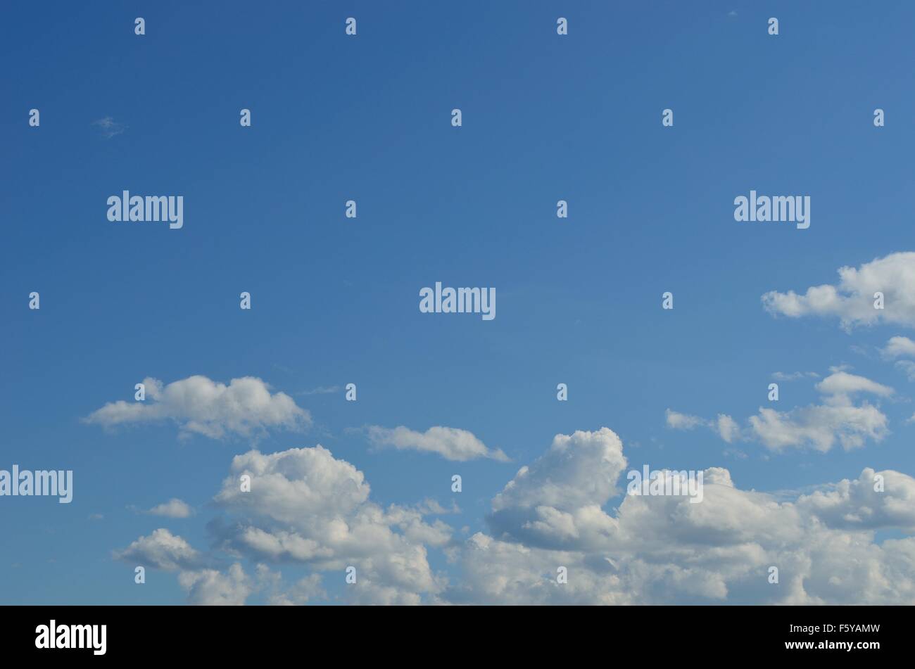 vibrant blue sky with fluffy white clouds in summer sunlight Stock ...