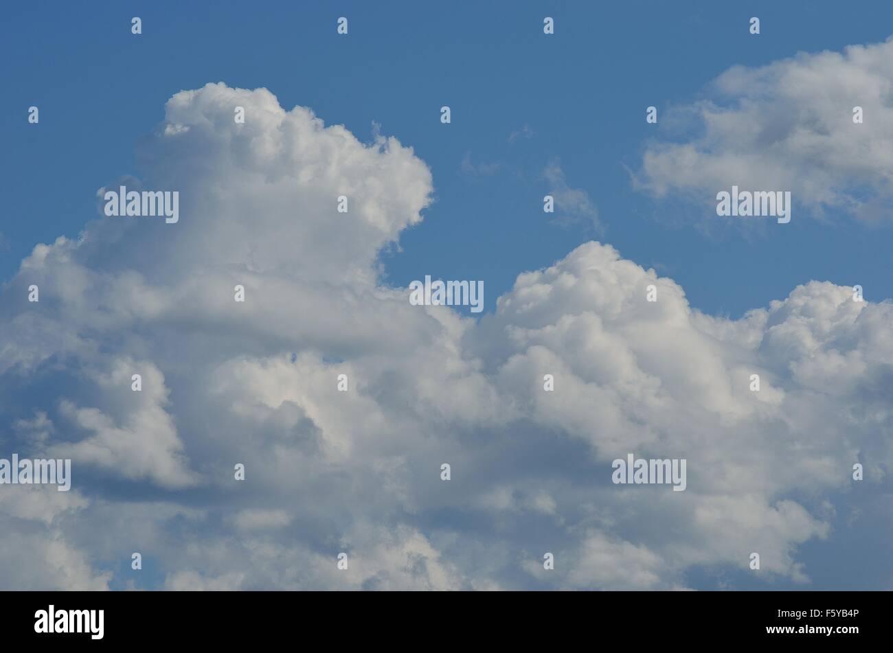 vibrant blue sky with fluffy white clouds in summer sunlight Stock ...