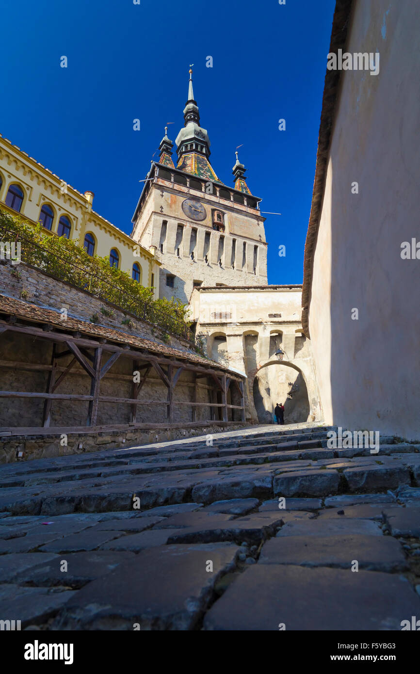 Clock tower from the Sighisoara citadel, Transylvania, Romania Stock