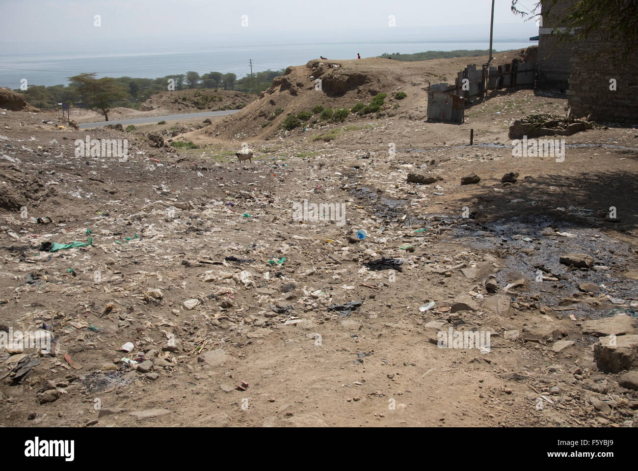 Rubbish and sewerage draining from Kamere township into Lake Naivasha Kenya Stock Photo