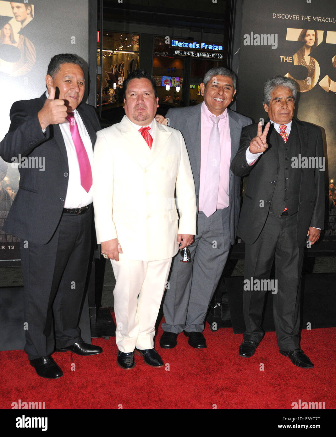 Hollywood, California, USA. 9th Nov, 2015. CHILEAN MINERS: LUIS URZUA, EDISON 'ELVIS' PENA, JUAN CARLOS AGUILAR, MARIO GOMEZ at the AFI Fest 'The 33' Premiere Los Angeles Premiere held at the TCL Chinese Theater. Credit:  Paul Fenton/ZUMA Wire/Alamy Live News Stock Photo