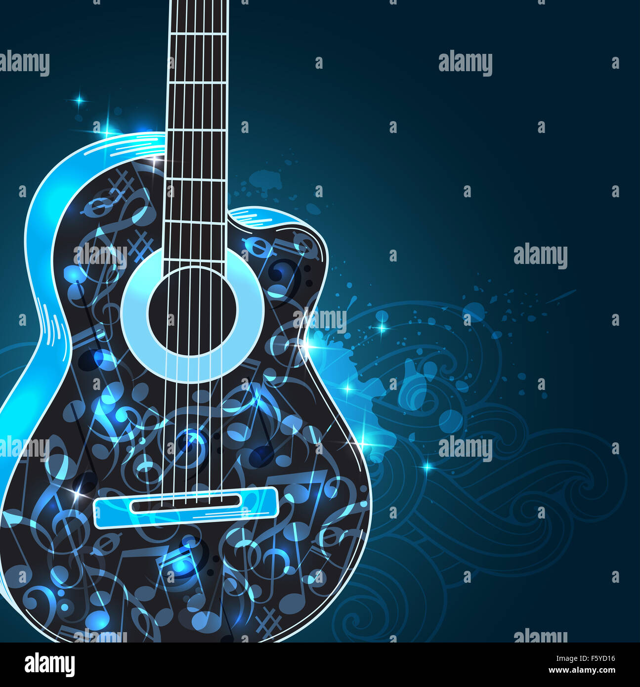 Abstract black music background with guitar and blue notes Stock ...
