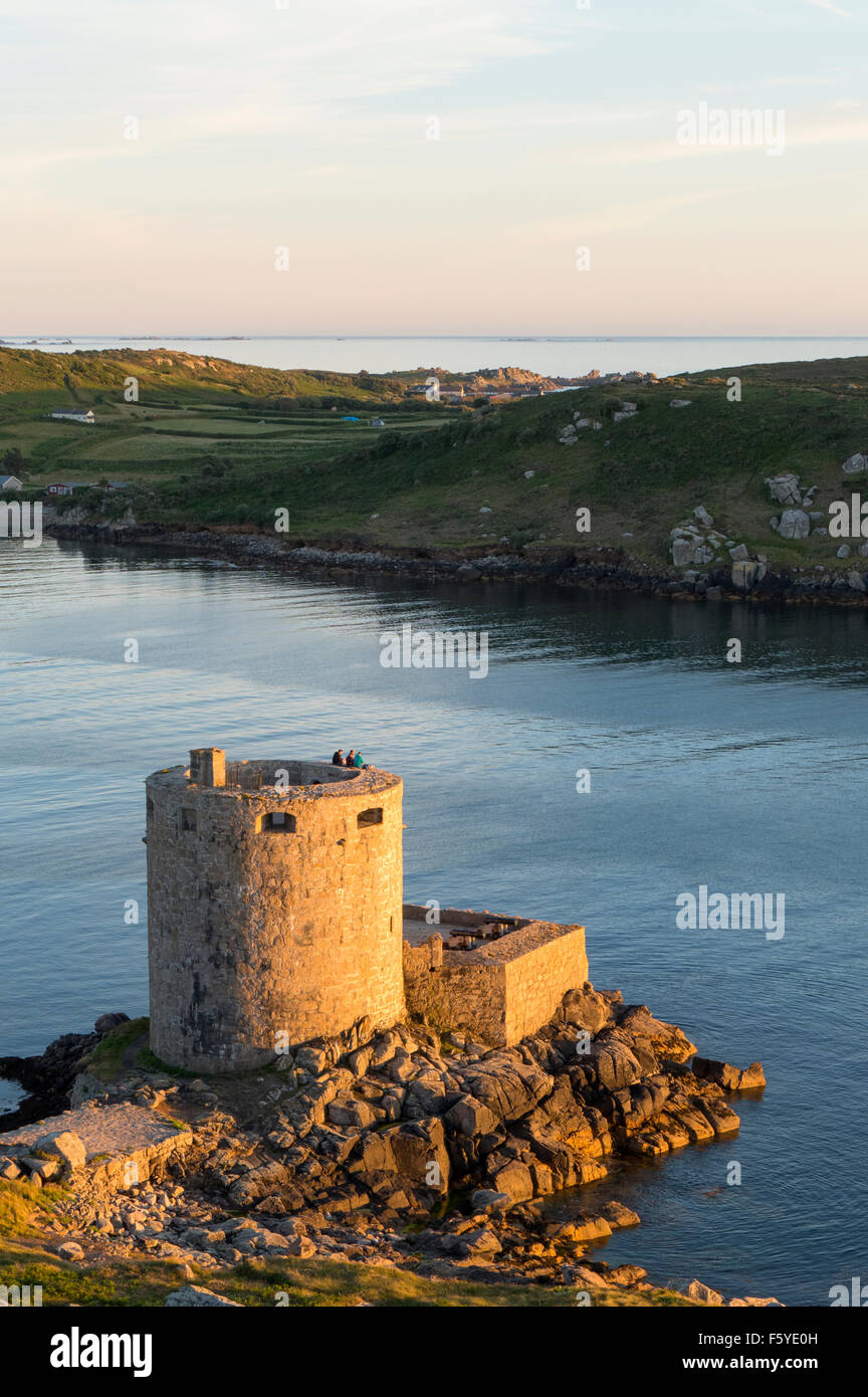 Cromwell's Castle in evening sunlight, Tresco, Isles of Scilly Cornwall England. Stock Photo