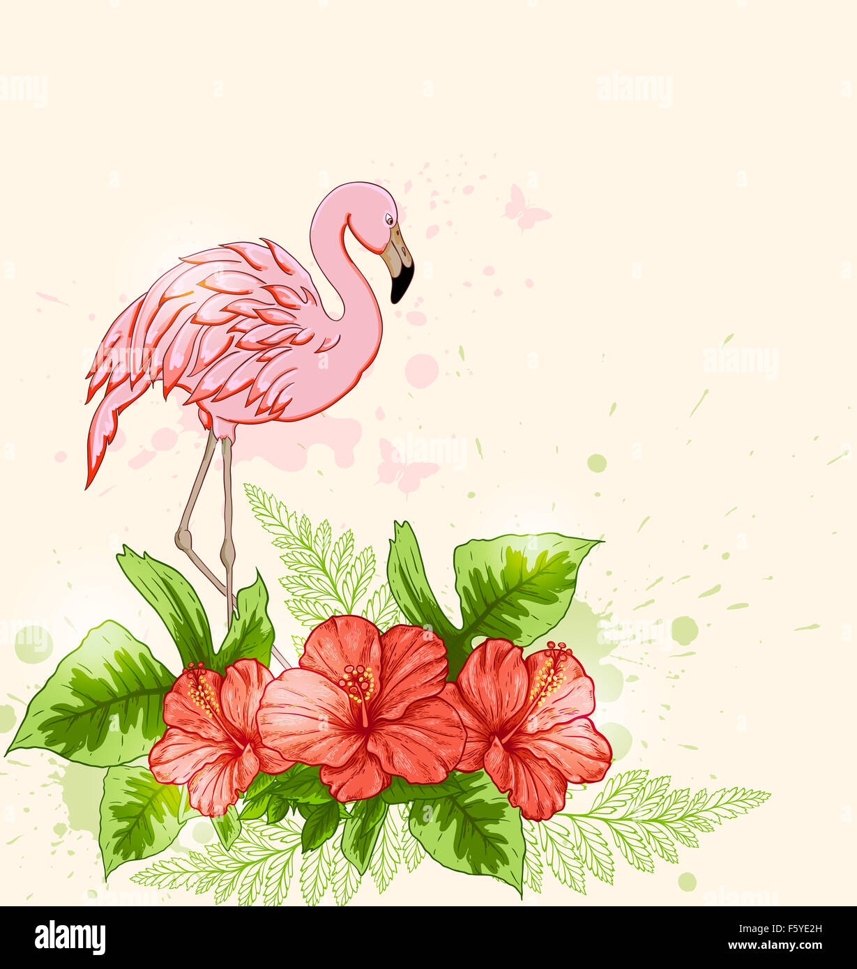 Summer tropical background with red flowers and pink flamingo Stock ...