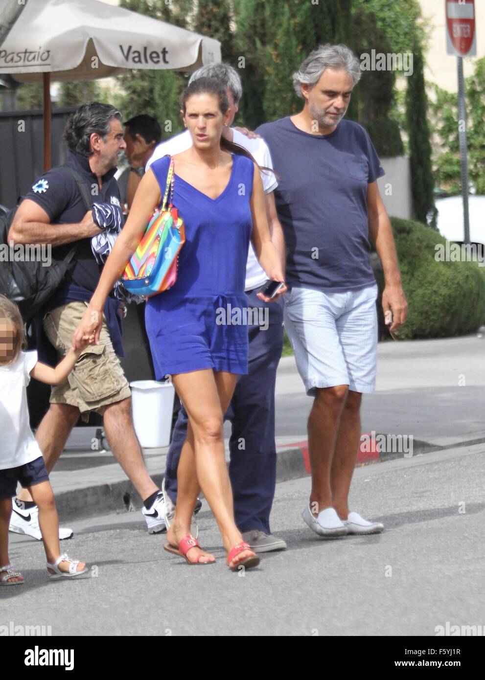 Andrea Bocelli goes out to lunch with his family at Il Pastaio in Beverly Hills  Featuring: Andrea Bocelli, Veronica Berti, Virginia Bocelli Where: Los Angeles, California, United States When: 21 Sep 2015 Stock Photo