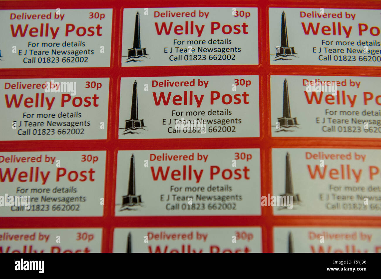 the stamps act as another means to advertise the service and spread the word .   The Welly Post , Wellington , Somerset . Local Stock Photo