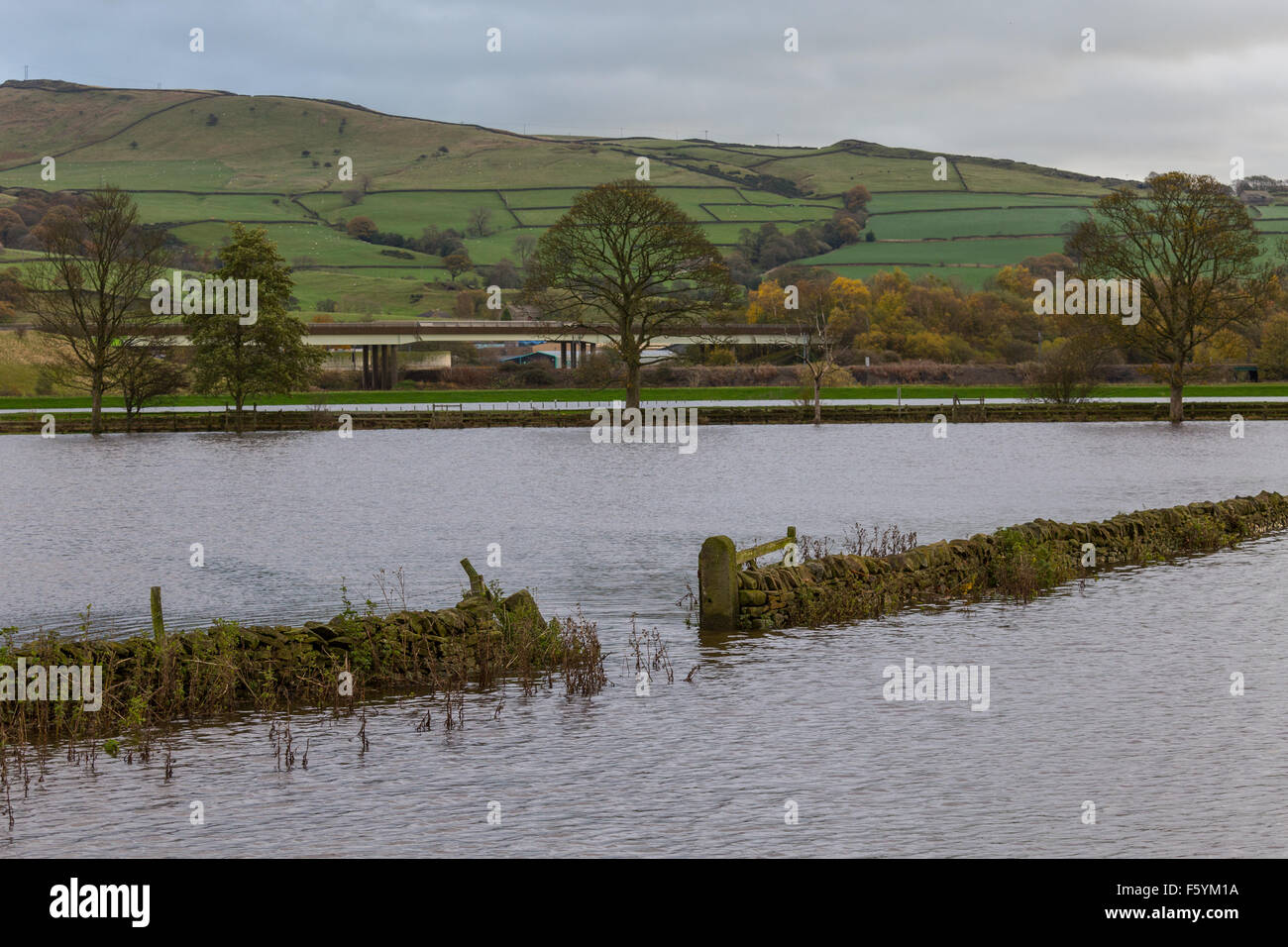 Skipton, North Yorkshire, UK. Tuesday 10th November 2015. Flood waters along the Aire Valley, just outside the North Yorkshire market town of Skipton, begin to recede after torrential rain hit the area on Monday. Several cars became stuck in the flood waters and local rail services between Skipton and Carlisle were halted. Credit:  Tom Holmes / TomHolmes.Photography / Alamy Live News Stock Photo