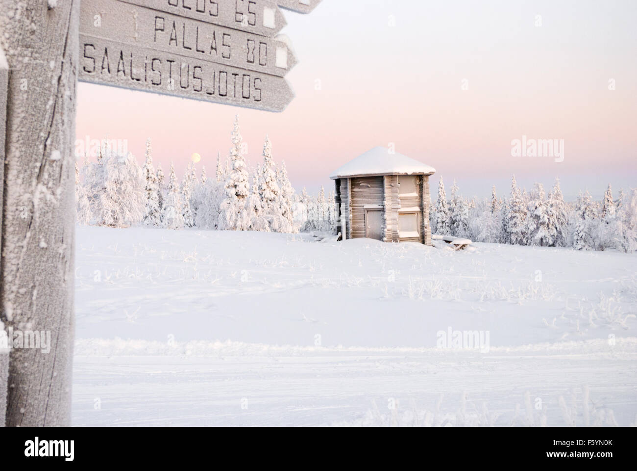 Winter scenes in the ski resort of Yllas, Finnish Lapland. Wooden hut