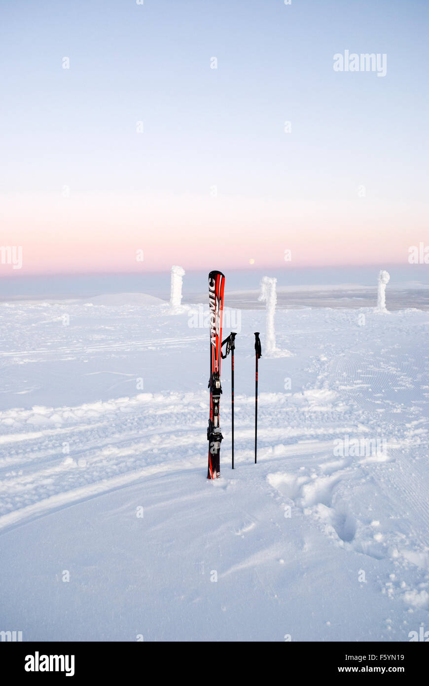 Winter scenes in the ski resort of Yllas, Finnish Lapland. Skis and ski poles Stock Photo