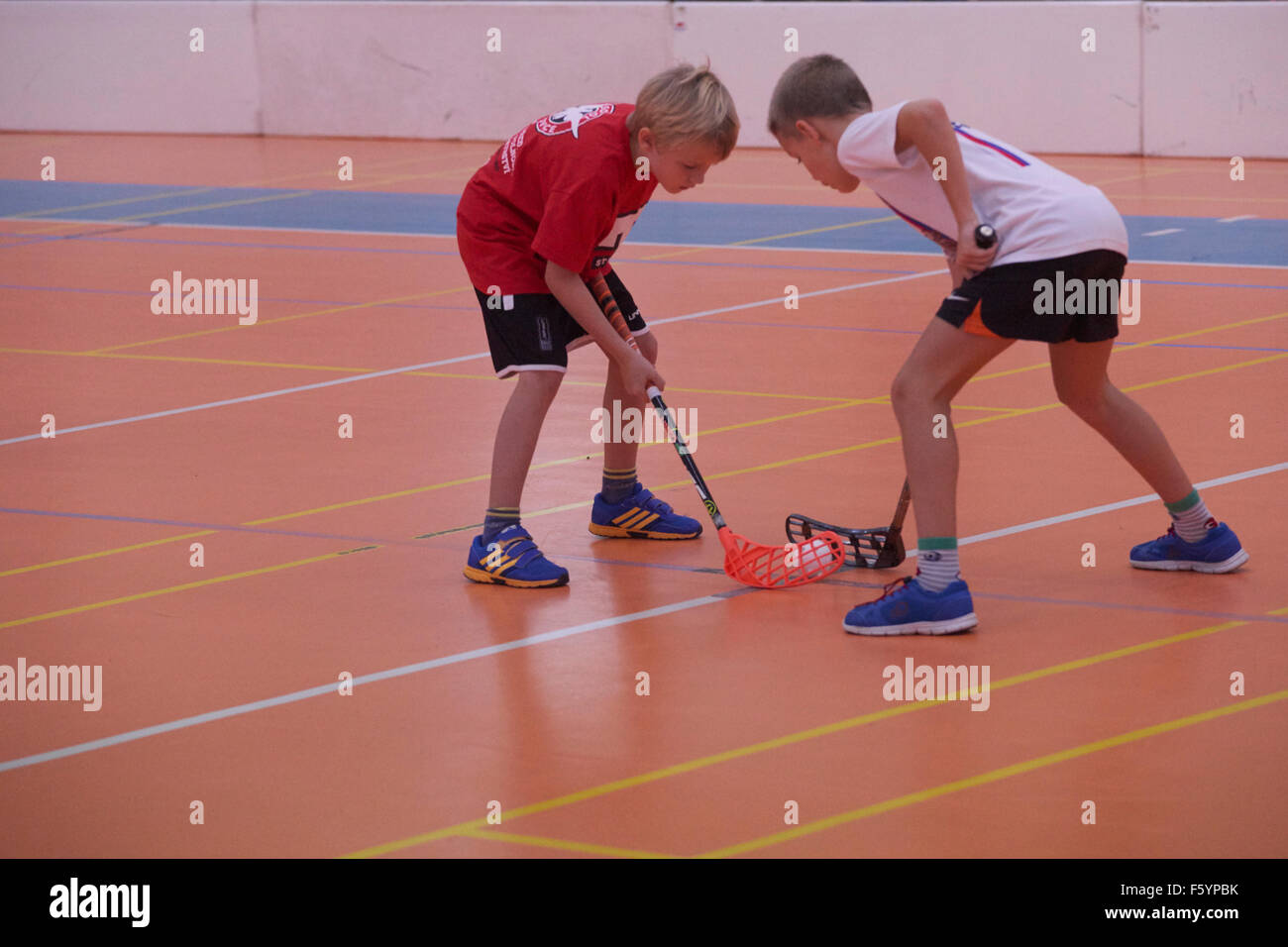 Children Boys Schoolchildren Playing Floorball Floor Hockey