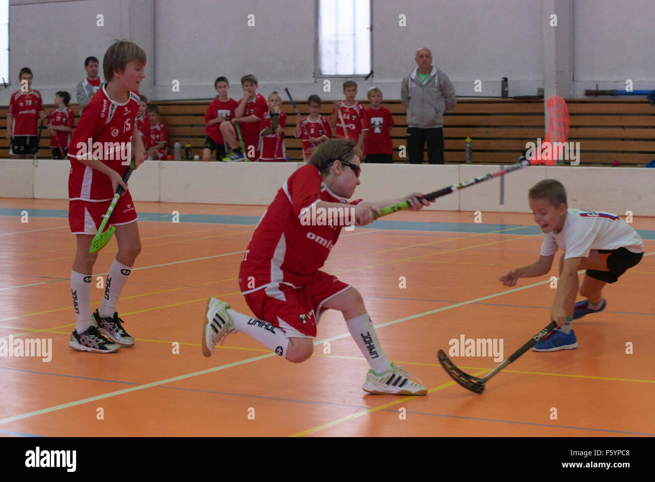 Children Boys Schoolchildren Playing Floorball Floor Hockey
