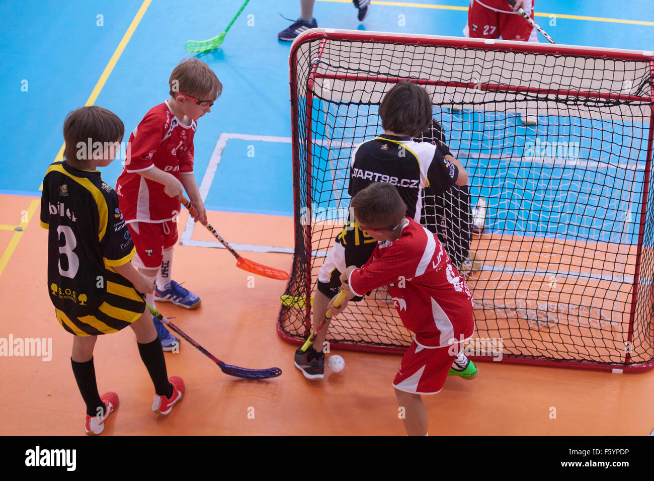 Children Boys Schoolchildren Playing Floorball Floor Hockey