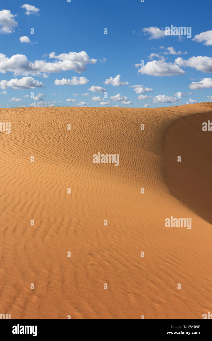 desert sand dune, rippled sand with blue sky and clouds Stock Photo