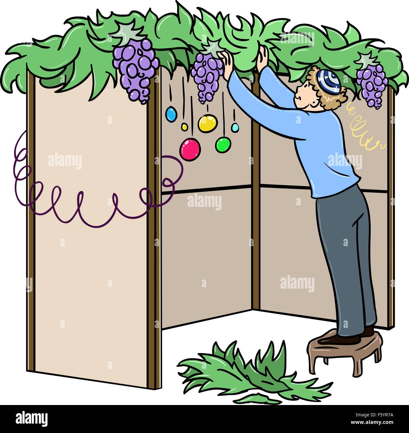 A vector illustration of a Jewish guy standing on a stool and building a Sukkah for the Jewish holiday Sukkot. Stock Vector