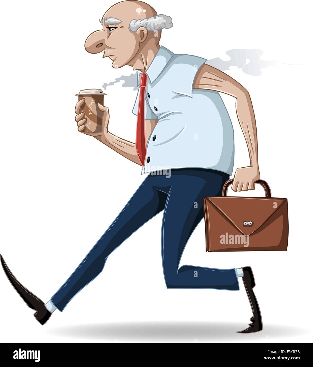 A vector illustration of an old businessman walking with a briefcase and a hot take-away coffee cup. Stock Vector
