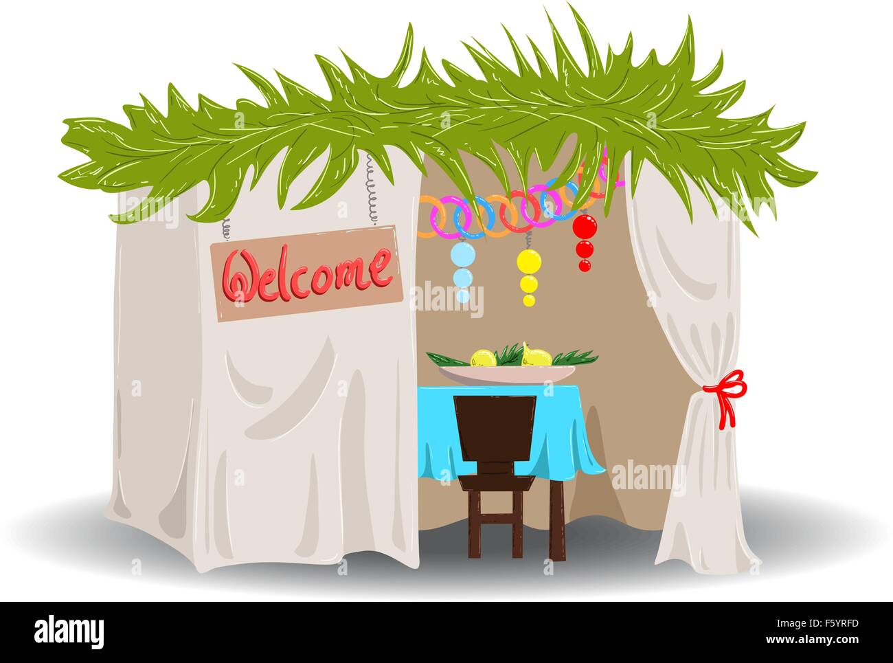 A Vector illustration of a Sukkah decorated with ornaments for the Jewish Holiday Sukkot. Stock Vector