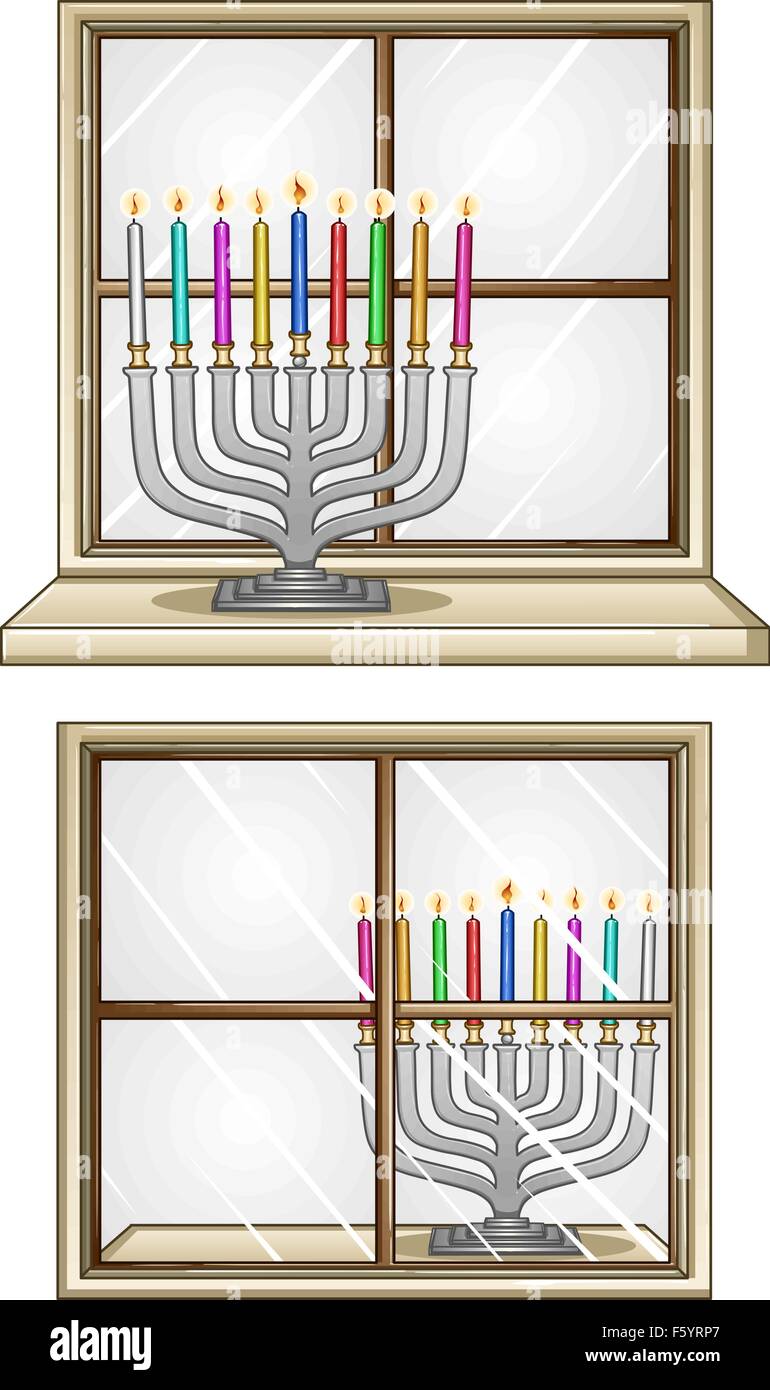 A Vector illustration of Hanukkiah with candles in front and behind a window for the Jewish holiday Hanukkah. Stock Vector