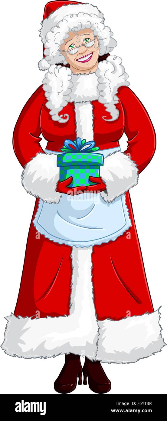 A vector illustration of Mrs Claus holding a present for Christmas and smiling. Stock Vector