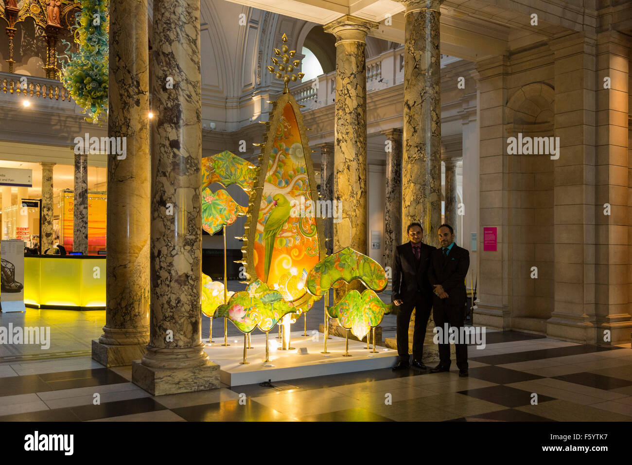 London, UK. 10th November, 2015. L-R: designers Sarthak Sengupta and Sahil Bagga. New Delhi-based design duo Sarthak and Sahil reveal their new festive light installation, Kalpataru: The Wishing Tree, in the Grand Entrance of the V&A. The installation celebrates the concepts and customs associated with the ancient Hindu festival of Diwali, or ‘the festival of lights’. The sculptural installation will be on display from 10 November 2015 until 6 January 2016. Credit:  Vibrant Pictures/Alamy Live News Stock Photo