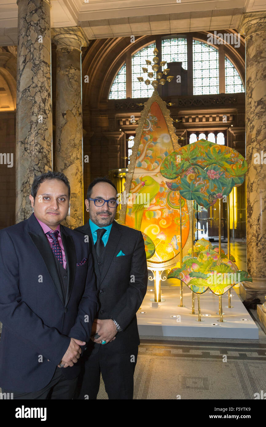 London, UK. 10th November, 2015. L-R: designers Sarthak Sengupta and Sahil Bagga. New Delhi-based design duo Sarthak and Sahil reveal their new festive light installation, Kalpataru: The Wishing Tree, in the Grand Entrance of the V&A. The installation celebrates the concepts and customs associated with the ancient Hindu festival of Diwali, or ‘the festival of lights’. The sculptural installation will be on display from 10 November 2015 until 6 January 2016. Credit:  Vibrant Pictures/Alamy Live News Stock Photo