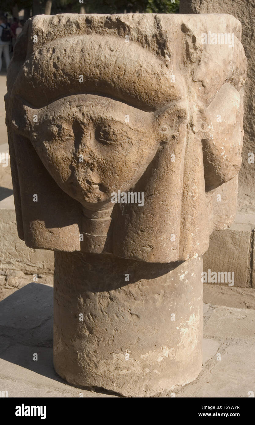 Goddess Hathor column pillar. Mit Rahina Open Air Museum. Memphis. Egypt. Stock Photo