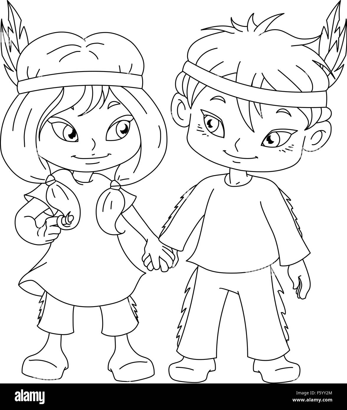 Vector illustration coloring page of children dressed as Indians and holding hands for Thanksgiving or Halloween. Stock Vector