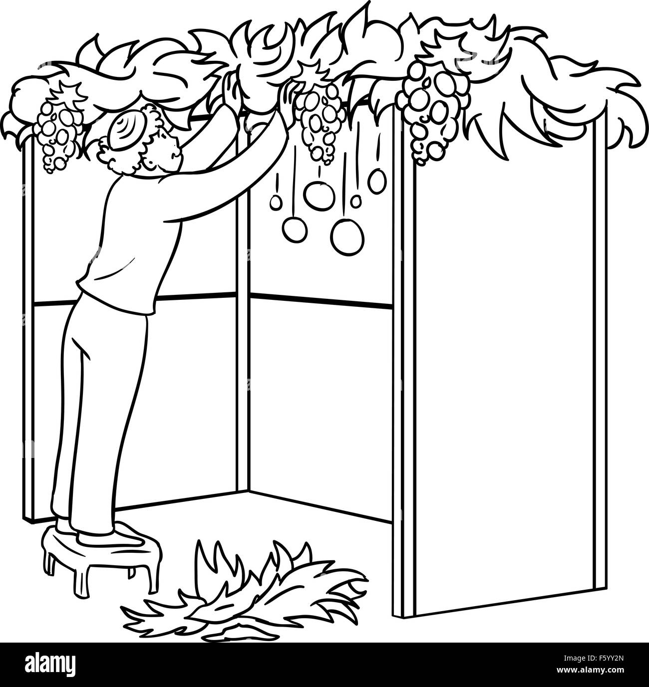 A vector illustration coloring page of a Jewish guy standing on a stool and building a Sukkah for the Jewish holiday Sukkot. Stock Vector