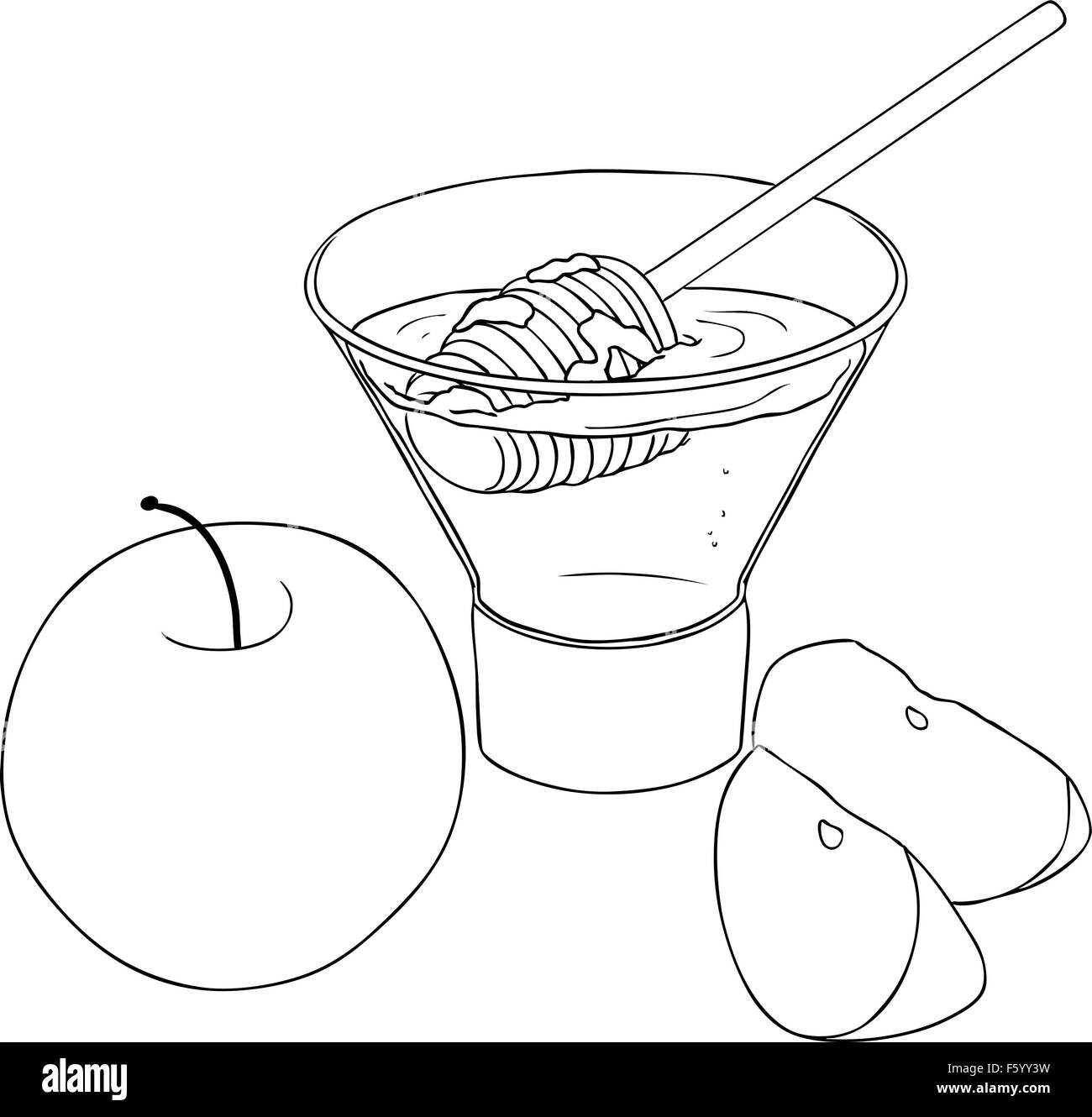 Vector illustration coloring page of honey and apple for Rosh Hashanah the Jewish new year. Stock Vector