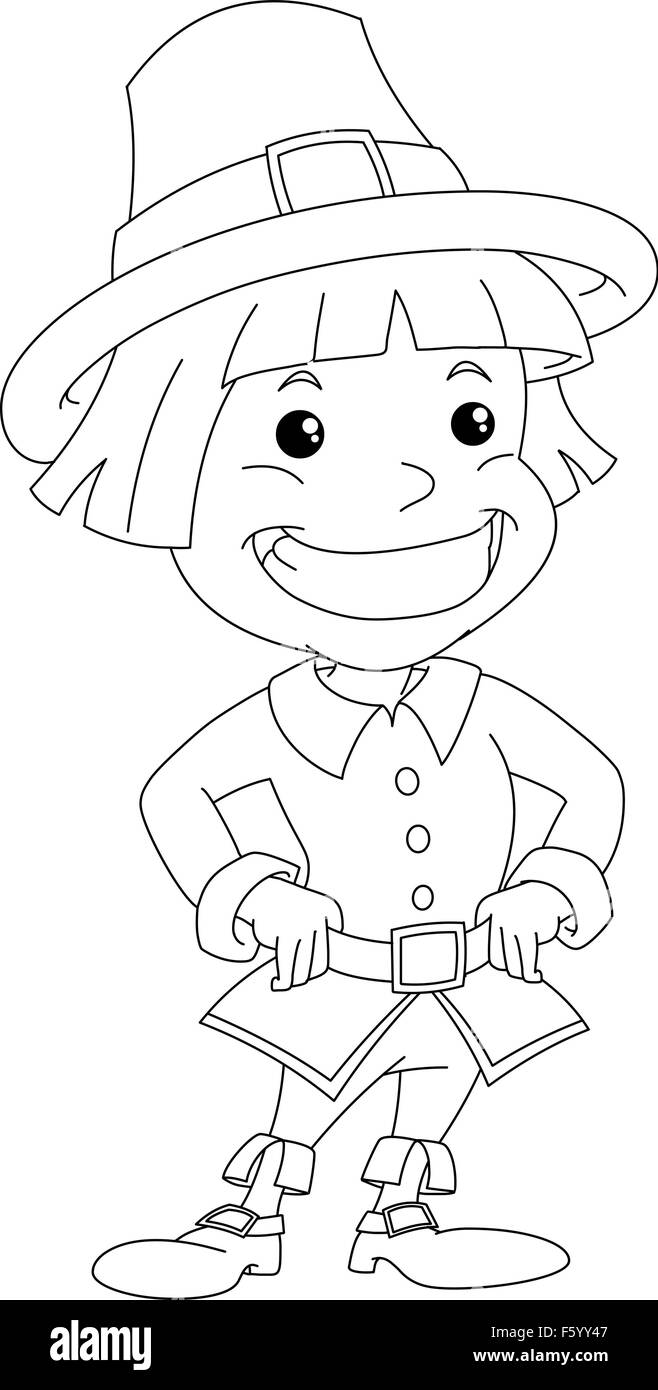 Vector illustration coloring page of a settler boy wearing traditional clothes for Thanksgiving. Stock Vector