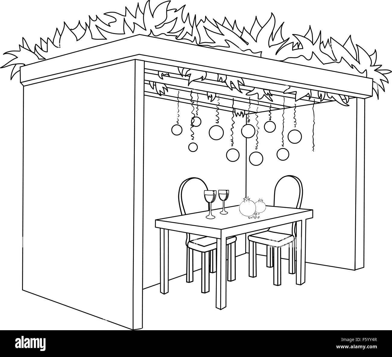 A Vector illustration coloring page of a Sukkah decorated with ornaments and a table with glasses of wine and fruits for the Jew Stock Vector