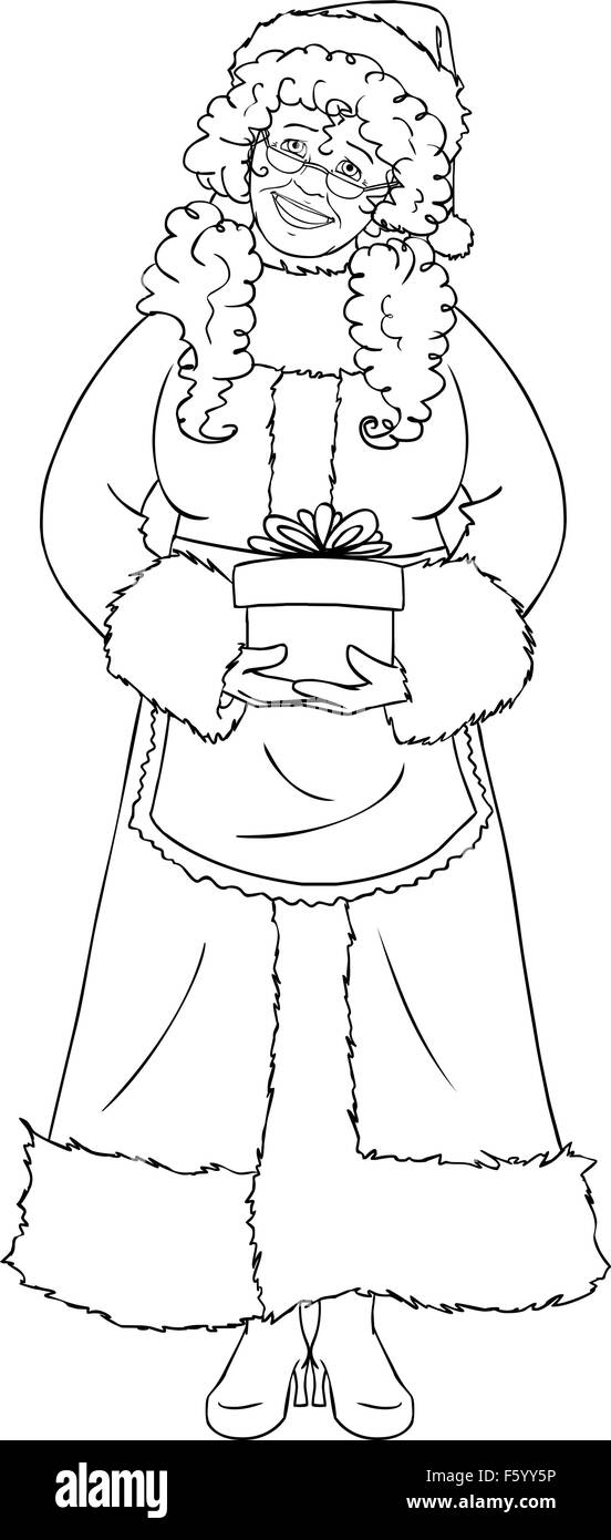 Vector illustration coloring page of Mrs Claus holding a present for Christmas and smiling. Stock Vector